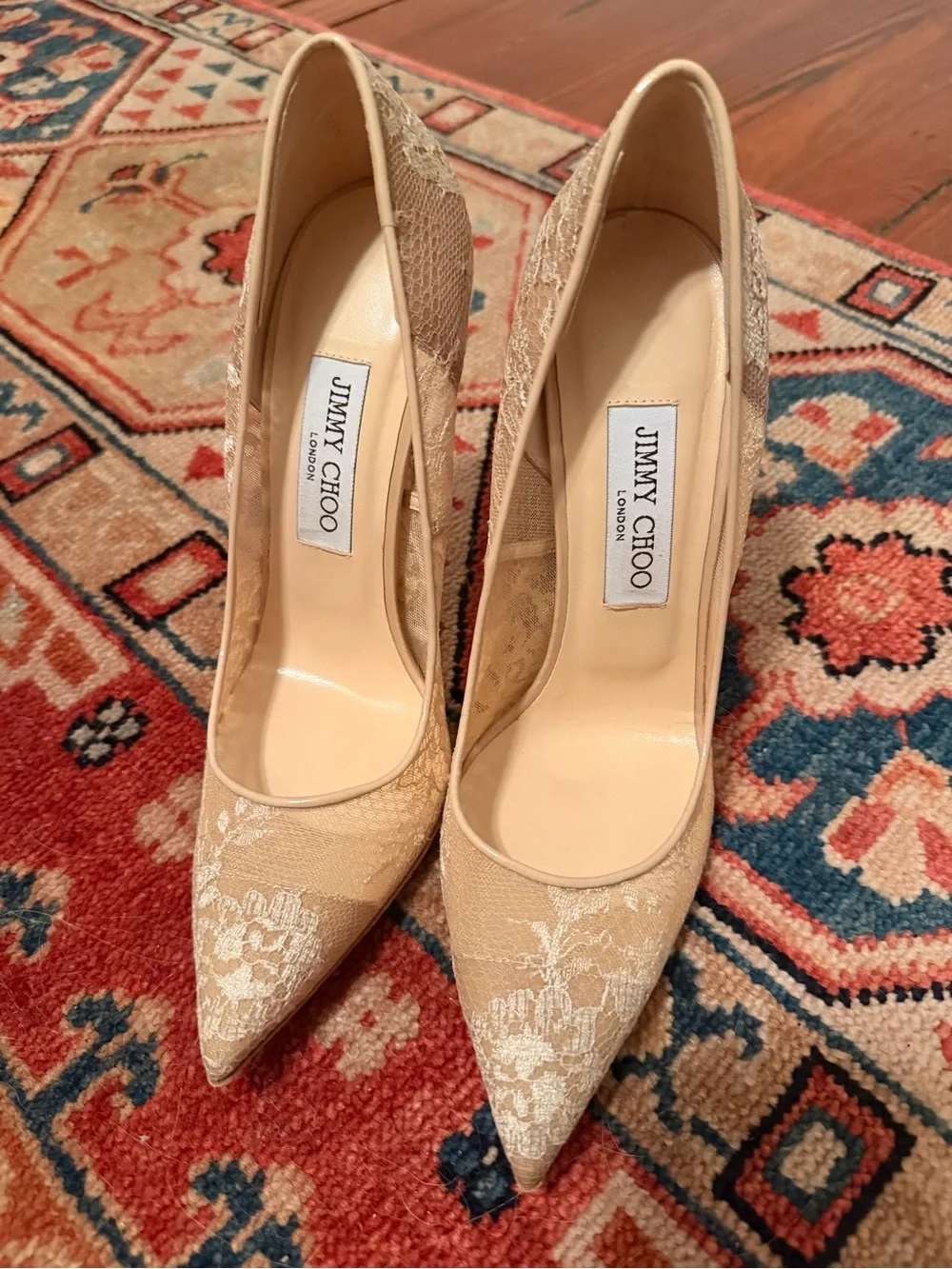 CONSIGNED Jimmy Choo Beige Lace Pointed-Toe Pumps with Floral Overlay